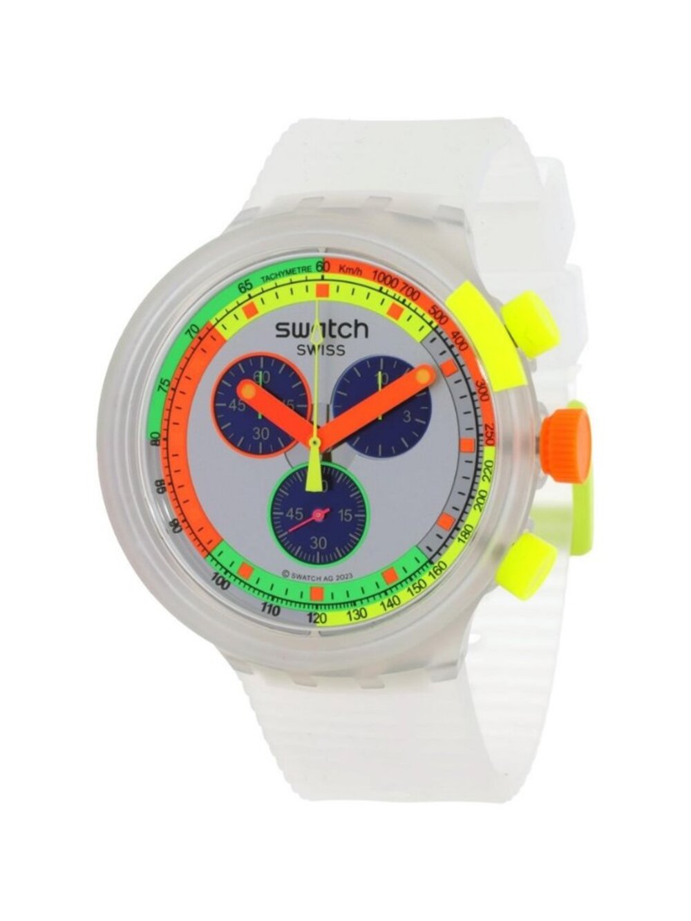 NWT Authentic Swatch Neon Jelly Chronograph Quartz Silver Dial Watch
